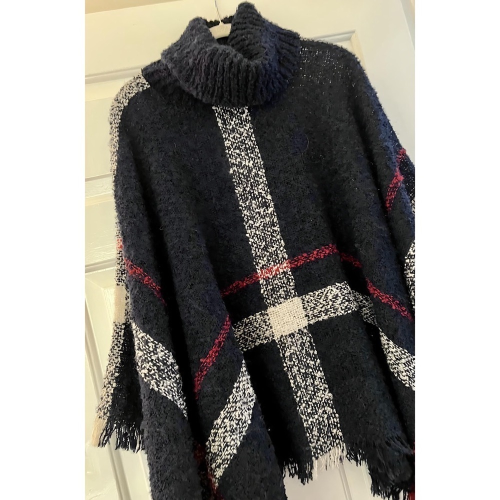 NEW! One Size Navy Blue Cozy Loose Turtleneck Plaid Super Soft Poncho! - Picture 2 of 5